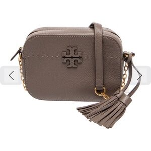 Tory Burch McGraw Leather Camera Bag | Taupe Crossbody with Tassel